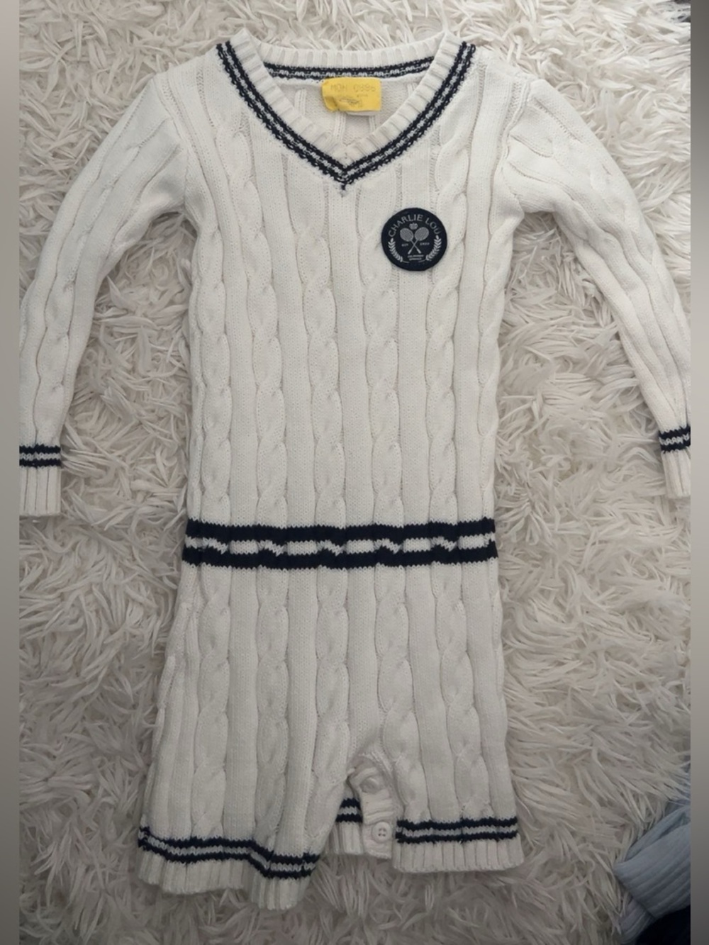 Charlie and Lou White Cable-Knit Romper with Navy Trim